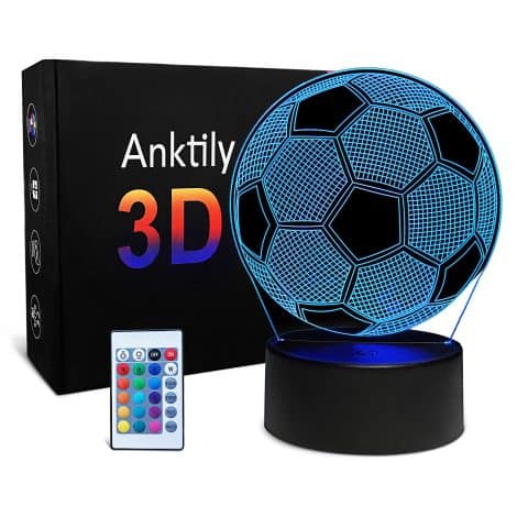 Lampe de nuit 3D en forme de ballon de football avec technologie LED, idéale pour chambre d’enfant.