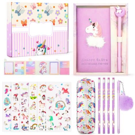 Ensemble Licorne Papeterie, Cadeau Trousse Licorne pour Filles 4-10 Ans : Trousse, Carnet, Autocollants, Notes Violettes.