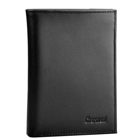 Portefeuille homme Charmoni Max en cuir de vachette, avec protection RFID anti-piratage, 4 volets, 22 rangements pour cartes bleues. (Noir)