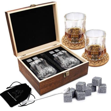 Coffret cadeau de verres à whisky en bois avec 8 glaçons en pierre, pour homme et femme.