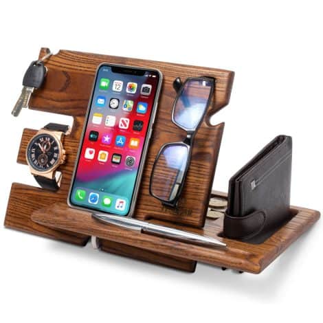 Organisateur en bois pour bureau, support pour téléphone, montres et monnaie, cadeau idéal pour homme.