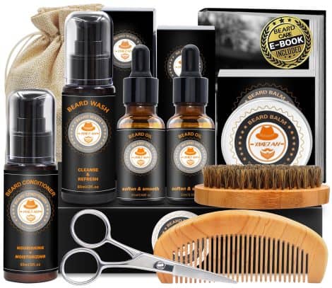 Ensemble Barbe Tout-en-un avec soin, shampoing, huile, peigne, brosse, baume, ciseaux, sac, guide, cadeau pour homme.