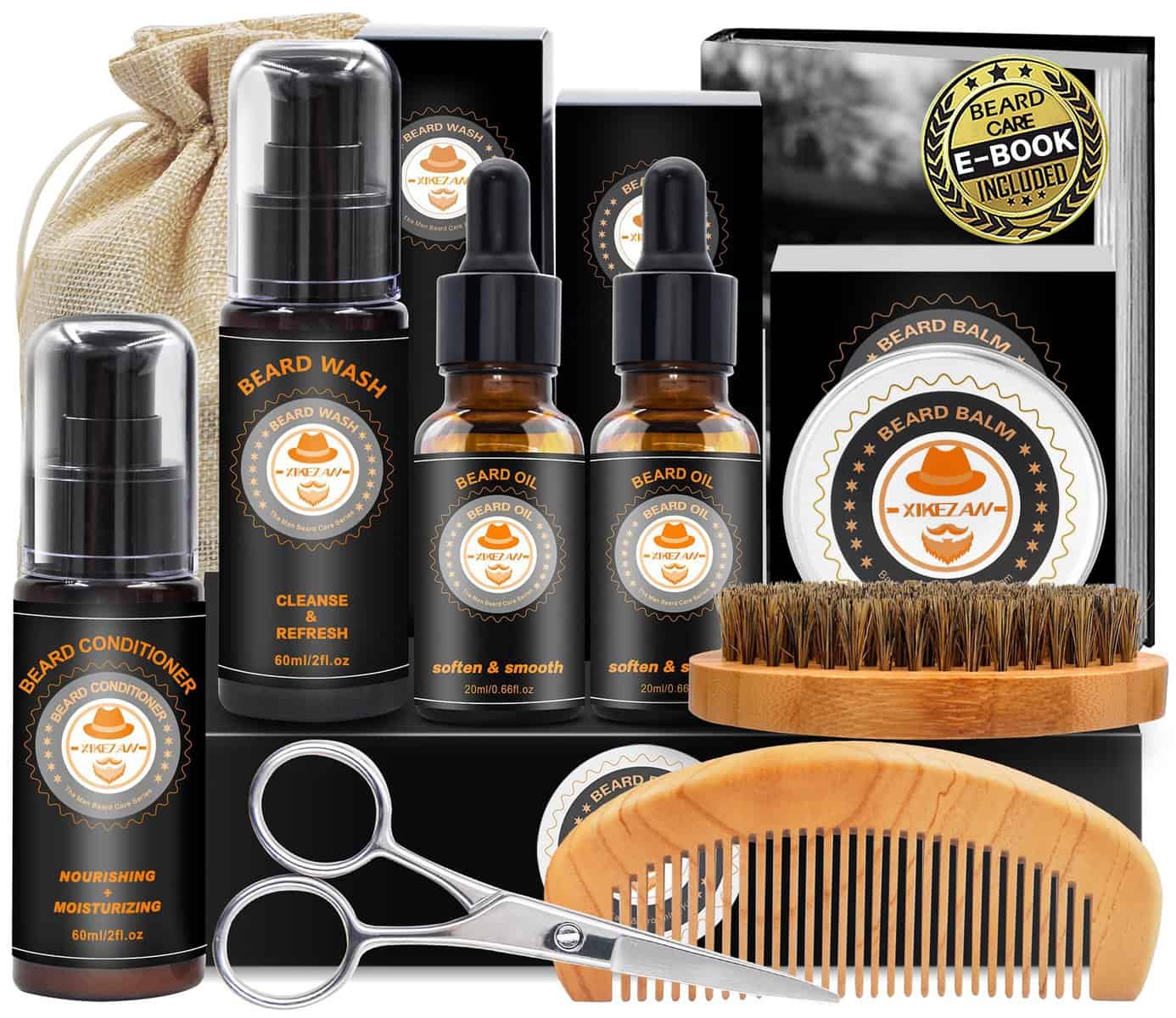 Complet Coffret Barbe avec Conditionneur, Shampoing,Huile,Peigne,Brosse,Baume,Ciseaux,Sac,Livre électronique,Soin Barbe Cadeaux Pour Homme