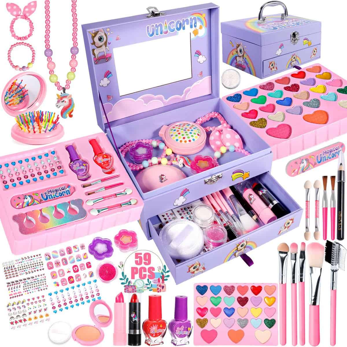 Purpledi Maquillage Enfant Jouet Filles, 59pcs Lavable Malette Maquillage Jouet, Coffret Maquillage Enfant Filles Makeup Set, Cadeau de Noël d’Anniversaire pour Les Filles de 4 5 6 7 8 9 10+ Ans