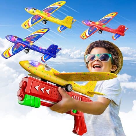 Ensemble de 3 packs de jouets lanceurs d’avion avec LED et mousses de 12,6 pouces. Idéal pour les sports extérieurs. Parfait cadeau d’anniversaire pour garçons et filles de 4 à 12 ans. (Rouge)