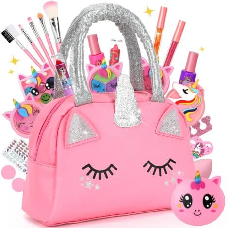 Collection de maquillage pour enfant lavable, coffret et palette avec jouets, parfait cadeau anniversaire ou Noël pour fille de 3 à 10 ans.