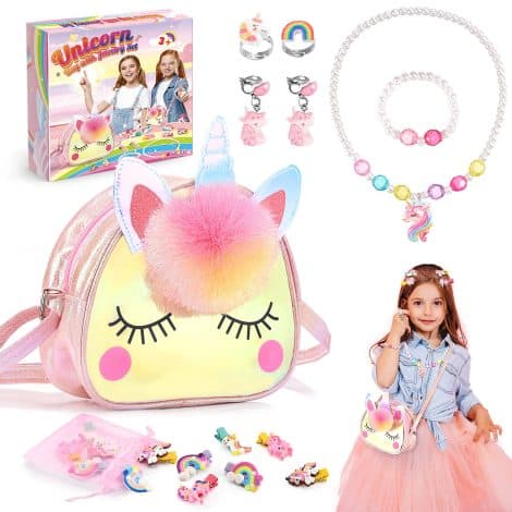 Sac Licorne avec jouets et bijoux pour enfants filles, cadeau pour les filles de 3 à 8 ans.