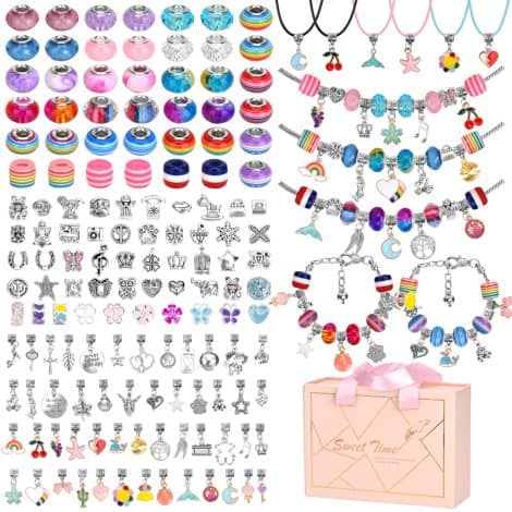 Ensemble de 142 bracelets à charms pour filles – Idéal pour bricoler des bijoux – Parfait cadeau d’anniversaire pour adolescentes de 6 à 12 ans.