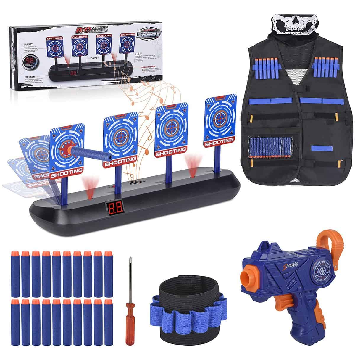 FOR21JOYS Cible pour Nerf,Cible électrique avec Gilet Tactique,1 Fusil pour Enfant et 20 fléchettes Set d'accessoires Nerf,Cadeaux Jouets pour 6 7 8 9 10 Ans Enfants Garçon Cadeaux d'anniversaire