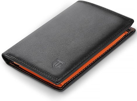 Porte-monnaie pour homme en cuir véritable avec protection contre le vol de données électroniques, 13 emplacements pour cartes, 2 compartiments à billets, grande poche à monnaie, élégant portefeuille noir et orange.