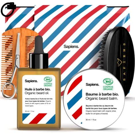 Kit de soins pour barbe Sapiens Barbershop, fabriqué en France, comprenant une huile et un baume bio, ainsi qu’une brosse à barbe, un peigne, des ciseaux et une pochette. Le cadeau parfait pour hommes.