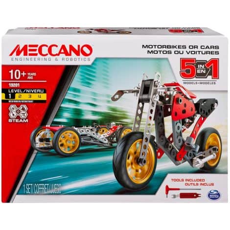 Ensemble de construction Meccano pour enfants de 10 ans et plus, comprenant 5 modèles de voitures et motos différents, avec 132 pièces et 2 outils.