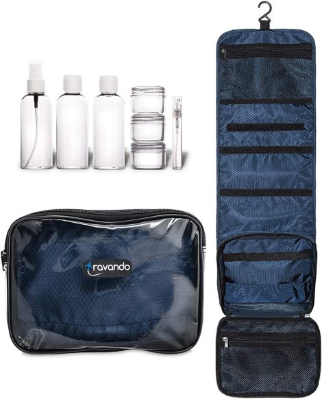 Ensemble de voyage TRAVANDO : trousse suspendue, sac transparent, 7 pots, bouteilles, pour hommes et femmes.