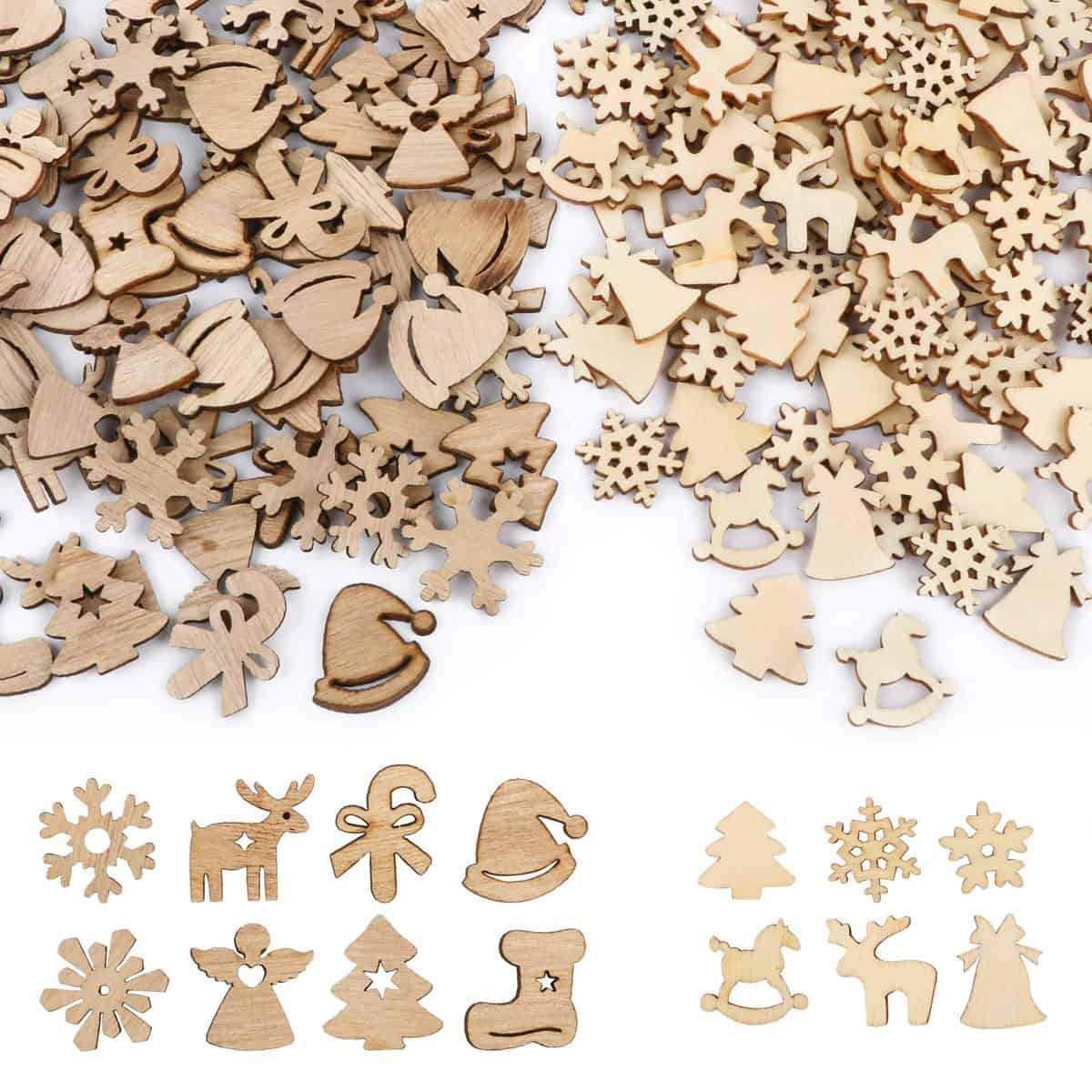 UFLF 200pcs Décoration de Noël Ornement avec 200pcs Auto-adhésif Colle Déco de Noël en Bois, Embellissements en Bois de Noël Décoration de Fête