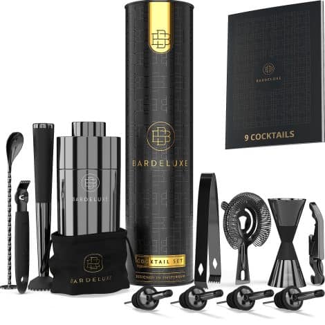 Kit Cocktail de luxe BarDeluxe®, 12 pièces, professionnel | Shaker à cocktail 750ml, inox | Kit Barman, recueil de cocktails (Noir)