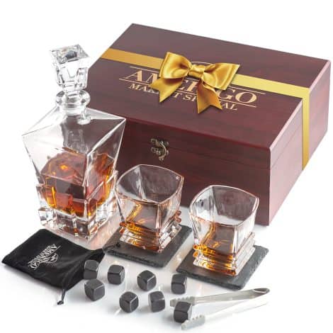 Coffret cadeau Amerigo Pierre à whisky: carafe, verres et sous-verres de luxe en bois artisanal, avec 8 glaçons granit.