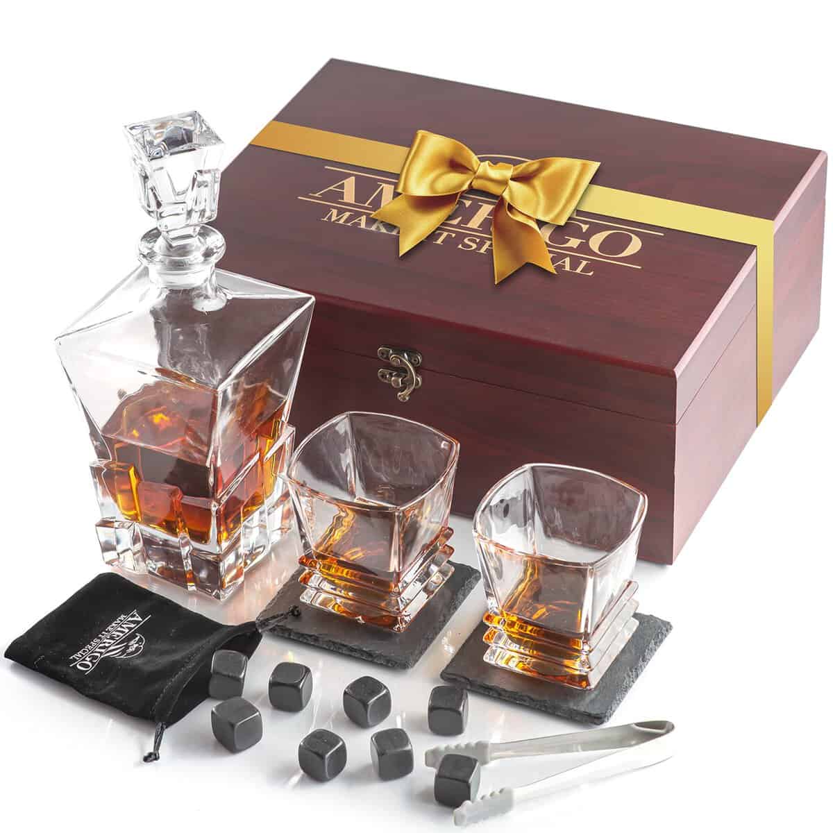 Amerigo Ensemble de Cadeaux Pierre a Whisky + Carafe Whisky - Coffret Cadeau Homme - Cadeau Papa - Coffret en Bois Artisanal avec Un 2 Verre a Whisky + 2 sous-Verres de Luxe - 8 Glacon Granit