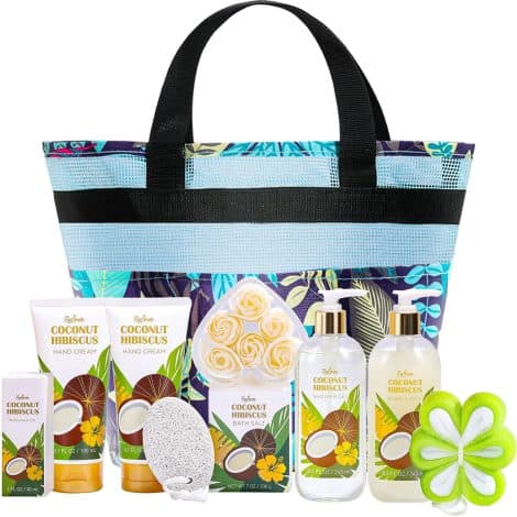 Ensemble de produits de bain pour femmes à la noix de coco, avec 10 pièces incluant panier de spa, bain moussant, lotion corporelle, idéal pour la fête des mères et anniversaire.