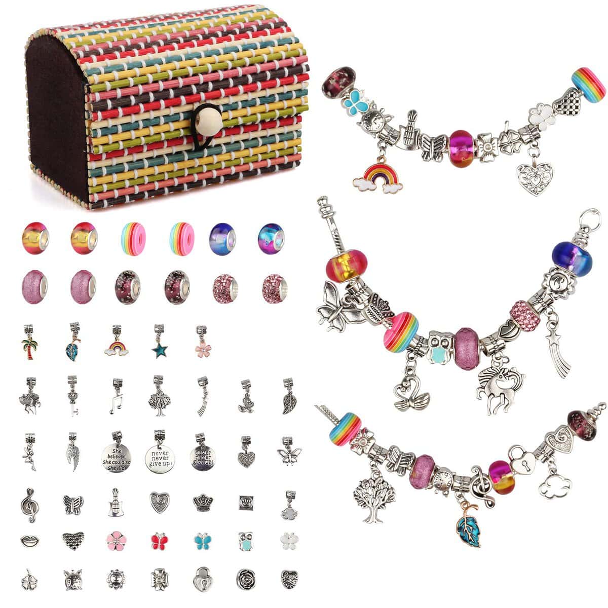 Bijoux Enfants Fille Cadeau Fille 6 7 8 9 10 11 12 Ans, Bracelet Enfant Fille Jouet Fille Atelier Ccreatif Enfant Kit Fabrication 3 Chaines Plaquees Argent, 52 Perles & Pendentifs 1 Coffret Cadeau