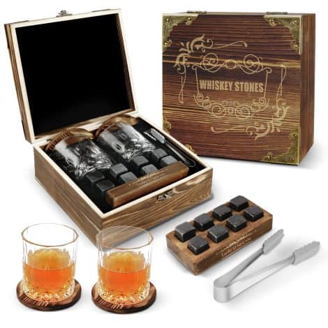 Coffret Whisky EASTSTORM avec 2 verres, 8 pierres, cadeau personnalisé pour la Fête des Pères, Noël.