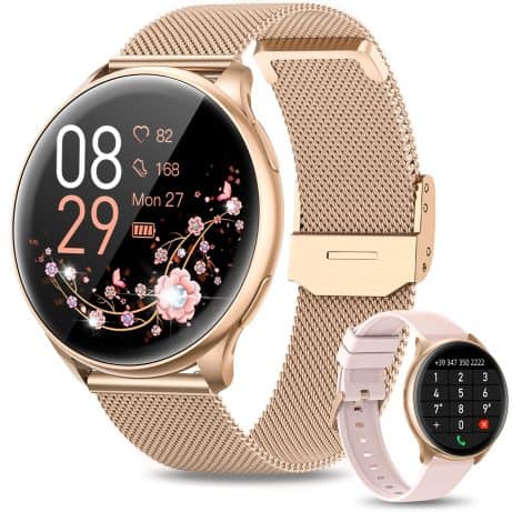 Montre intelligente féminine étanche IP68 avec Bluetooth 5.1, fonctions SpO2, fréquence cardiaque, sommeil, sport, musique, podomètre.