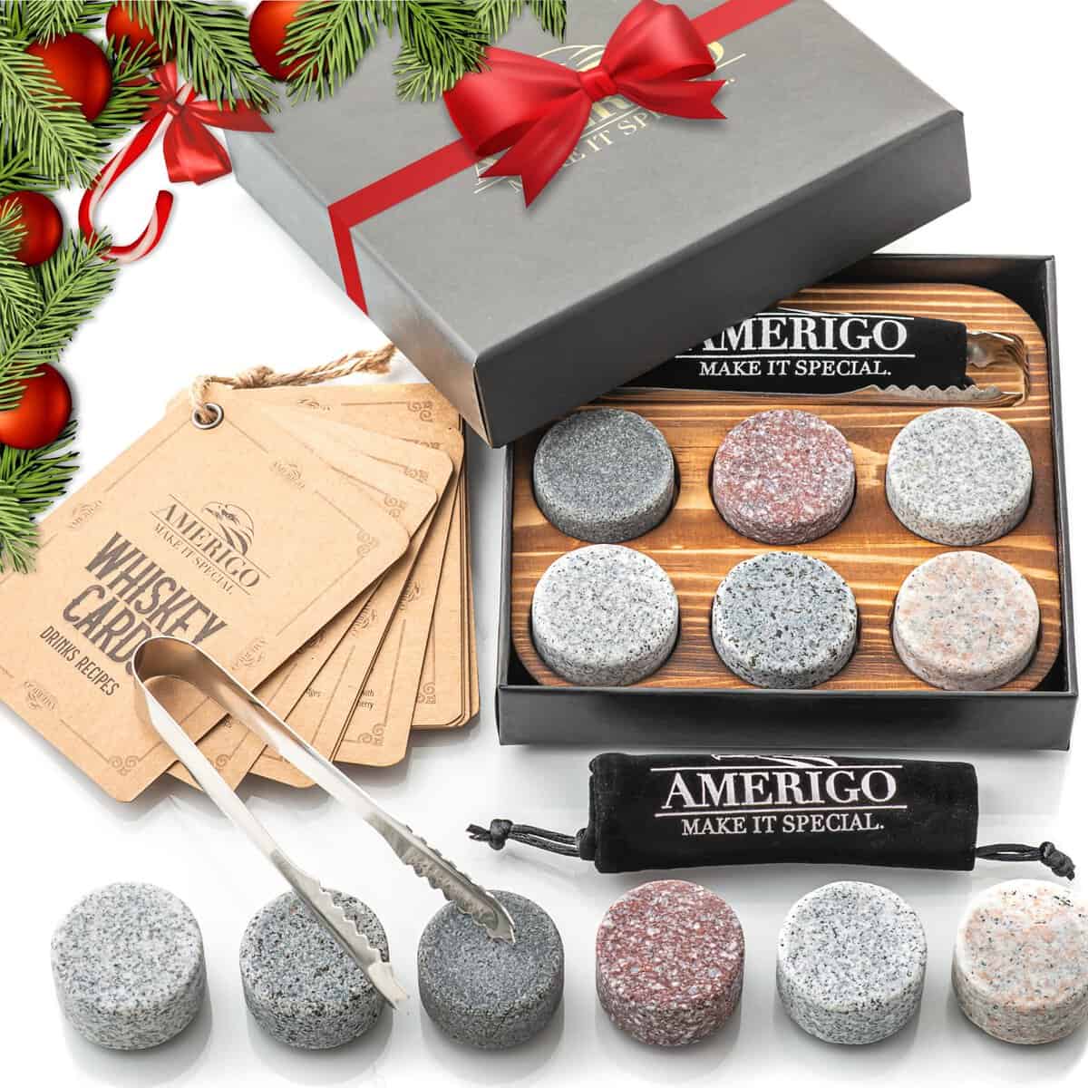 AMERIGO Idee Cadeau Homme Originale - Coffret Cadeau Pierres à Whisky - Cadeau Papa Anniversaire - Glacons Reutilisables - Coffret Whisky - Cadeau de Noël pour Lui, Mari