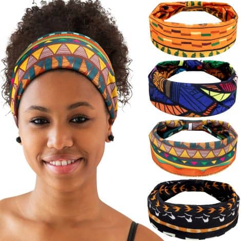 Lot de 4 bandeaux africains extensibles pour cheveux, accessoires vintage de yoga pour femmes et filles.