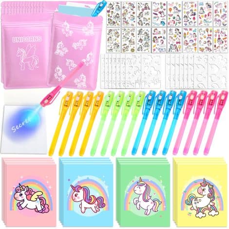 Ensemble de 16 stylos et carnet avec encre invisible, tatouage licorne phosphorescent – idéal pour les anniversaires !