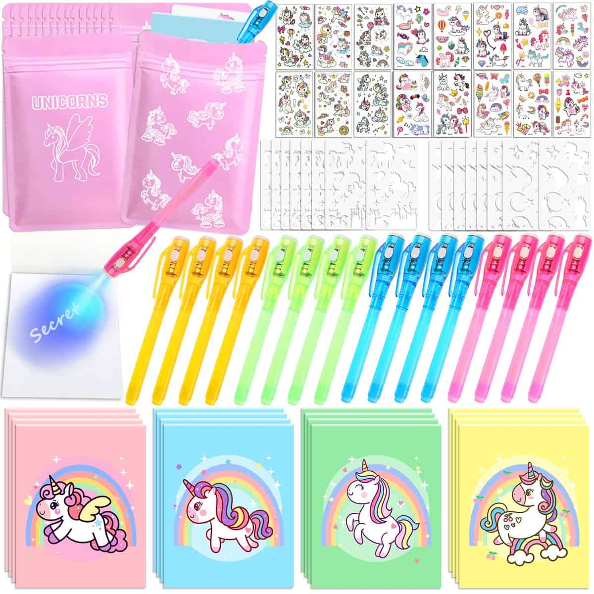 Chennyfun Stylo Encre Invisible et Carnet de Notes, Pack de 16, avec Tatouage de licorne, Brillant dans le Noir, Cadeaux Anniversaire pour Garçons et Filles, Cadeau Anniversaire Enfants, Jouets Pinata