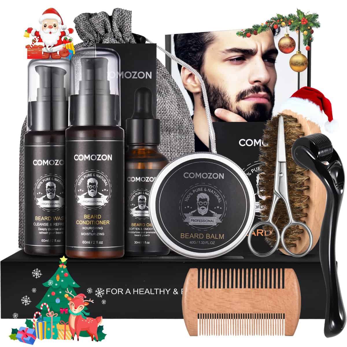 Kit Barbe Homme Complet 12 en 1 Kit de Soin Barbe Homme avec Rouleau Barbe Contenir Shampoing Barbe,Huile Barbe,Crèmes de Barbe, Peigne Barbe,Brosse à Barbe,Ciseaux Barbe, Rasoir, 10 lames Barbe