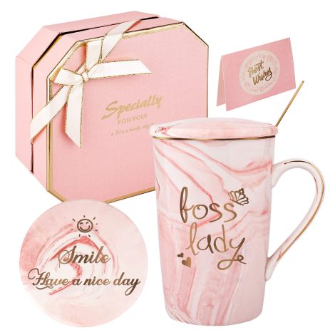 Idées cadeaux pour les femmes chef d’entreprise – Tasse “Boss Lady” en céramique marbrée de 420ml. (Rose)