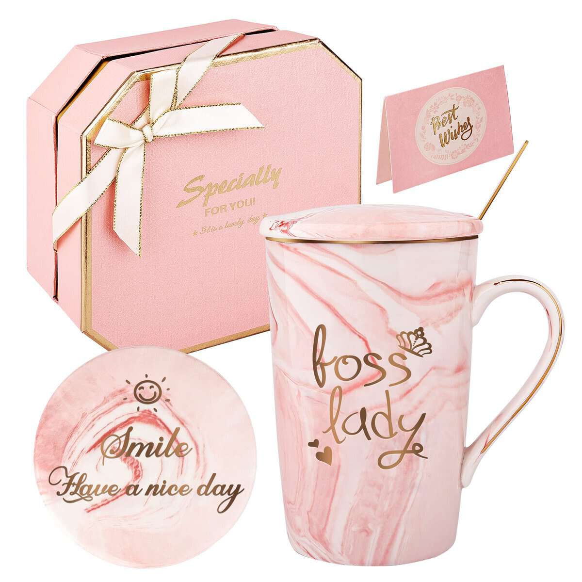 Cadeaux pour femmes - Boss Lady Tasse pour femmes patronnesses Tasses à café pour les femmes patronnesses à l'occasion de la fête des mères Set cadeau 420ML en céramique marbrée (Rose-Boss Lady )