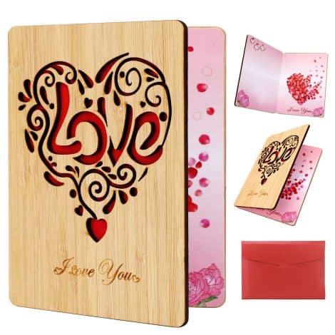 Carte en Bambou Fait Main avec enveloppe : Carte Coeur Anniversaire, Mariage, Saint Valentin. Idéal pour Femme et Homme.