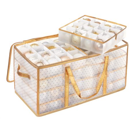 Coffret de rangement pour boules et décorations de Noël avec 128 compartiments modulables, 67x34x34cm. Semi-transparant et doré.