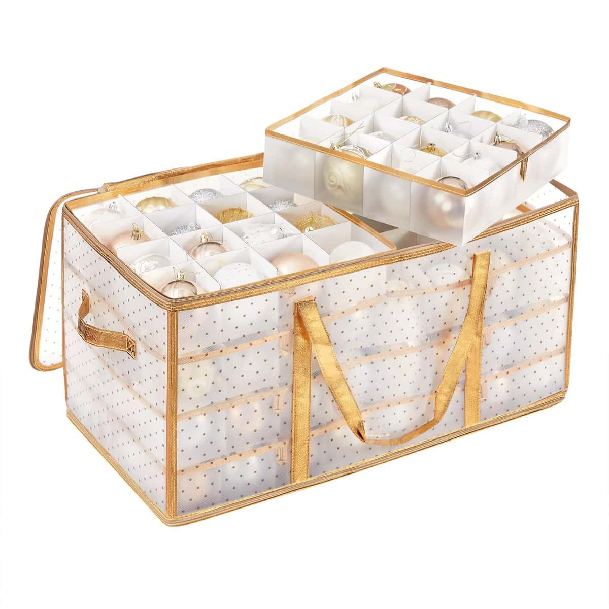 SONGMICS Boîtes de Rangement pour Noël, Coffre pour Boules de Noël et Décorations, 128 Compartiments, Séparateurs Modulables, 67 x 34 x 34 cm, Semi-Transparent et Doré RFB029A01