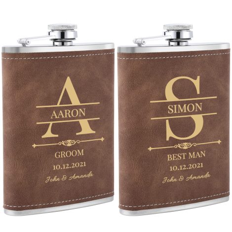 2 Pièces de Flasques à Alcool Personnalisées, Flasques Whisky en Inox 304 8oz/227ml Personnalisables pour EVG, Flasques de Mariage Personnalisées pour les Garçons d’Honneur et les Témoins (Marron)