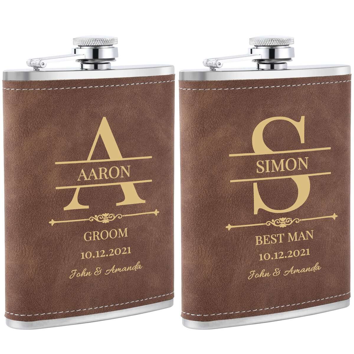 2 Pièces Flasques a Alcool Personnalisés, Flasques Whisky en Inox 304 8oz/227ml Personnalisables pour EVG, Flasque de Mariage Personnalisés pour les Garçons D'Honneur et les Témoins (Marron)