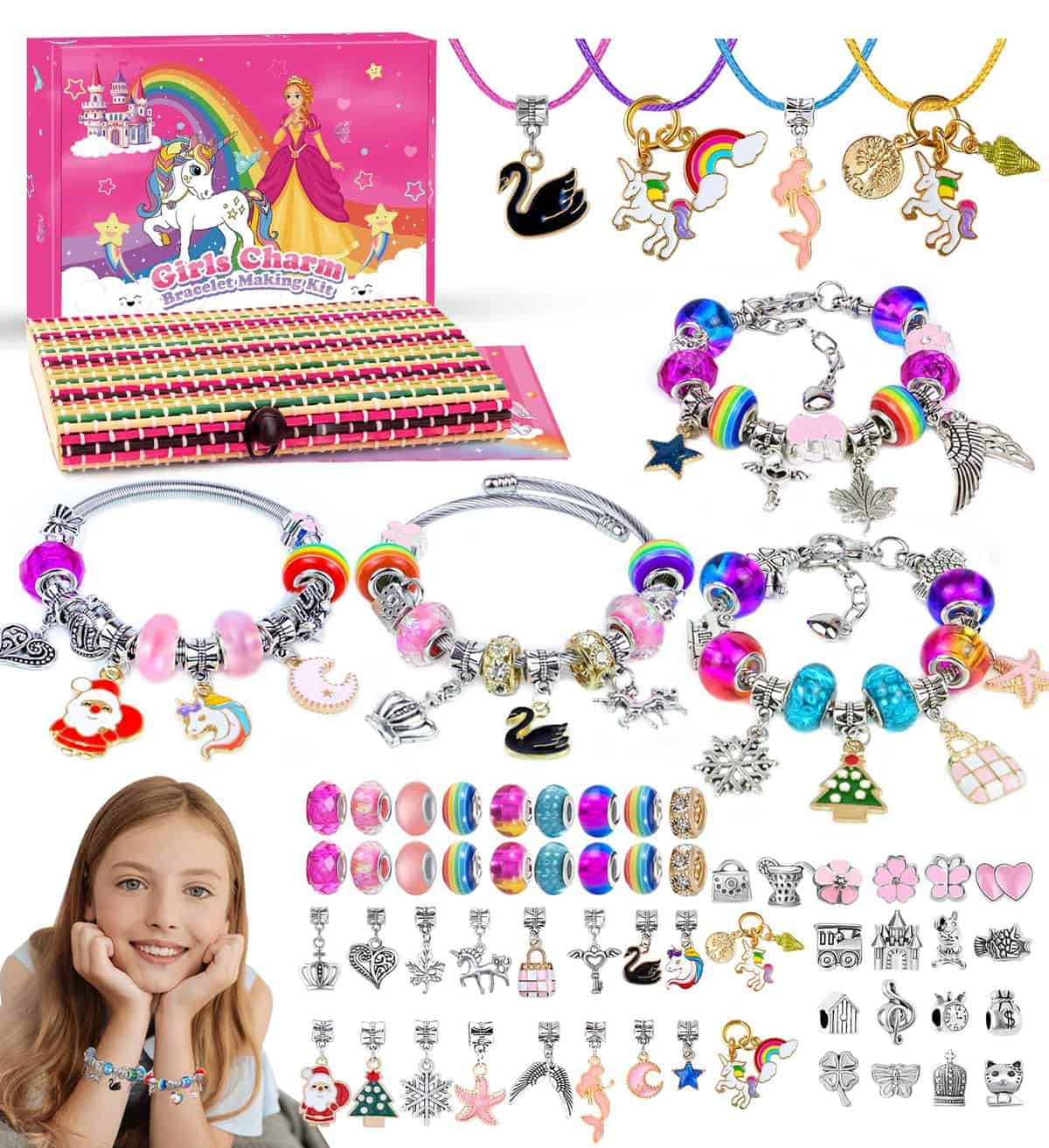 Creen Cadeau Fille 6 7 8 9 10 11 12 Ans, Kits de Bijoux et Perles pour Enfants Jouet 5 Ans Bracelet Noël Charms Kit 8-12 Taille unique