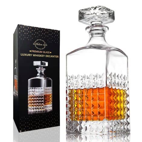 Carafe à whisky de luxe en cristal sans plomb de 1000 ml avec bouchon, présentée dans une boîte cadeau.