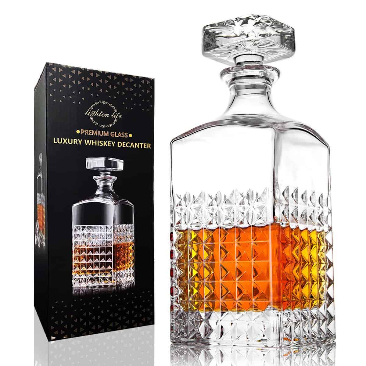 LIGHTEN LIFE Carafe à whisky en cristal de 1000 ml avec bouchon dans une boîte cadeau, carafe à bourbon, carafe à décanter sans plomb, carafe à whisky de qualité supérieure,carafe à whisky pour homme