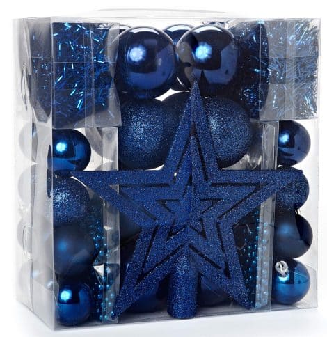 Kit de décoration pour sapin de Noël Heitmann, en plastique, bleu, avec cimier, boules, chaînes de perles et guirlandes.