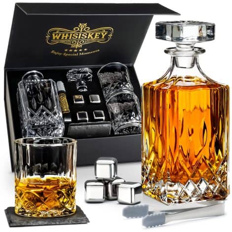 Whisiskey – Carafe à whisky – Kit carafe whisky – 800ML – Coffret cadeau hommes – Cadeau Fête des Pères – Incl. 4 pierres, pinces & 2 verres à whisky – Carafe Whisky