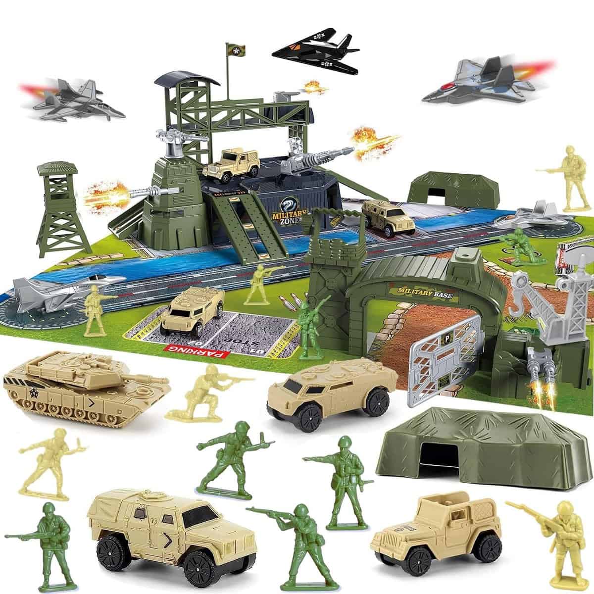 Ensemble de base militaire 46 pcs ensemble de jeu pour hommes de l'armée avec accessoires de véhicules et carte de jeu,mini jouet militaire en plastique pour enfants, cadeaux pour garçons et filles