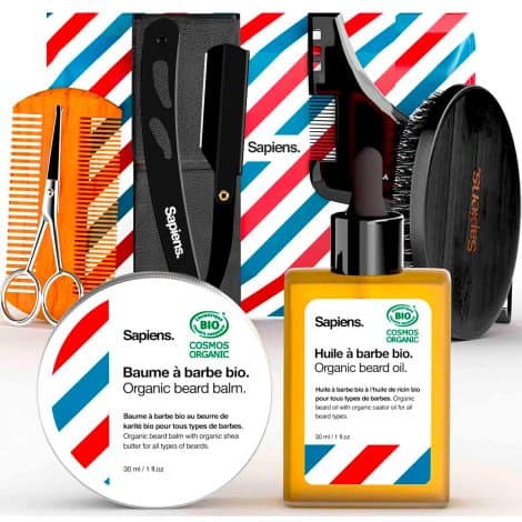 Coffret de soins et rasage pour homme, produits bio français : huile et baume à barbe, rasoir, brosse et accessoires de barbier.