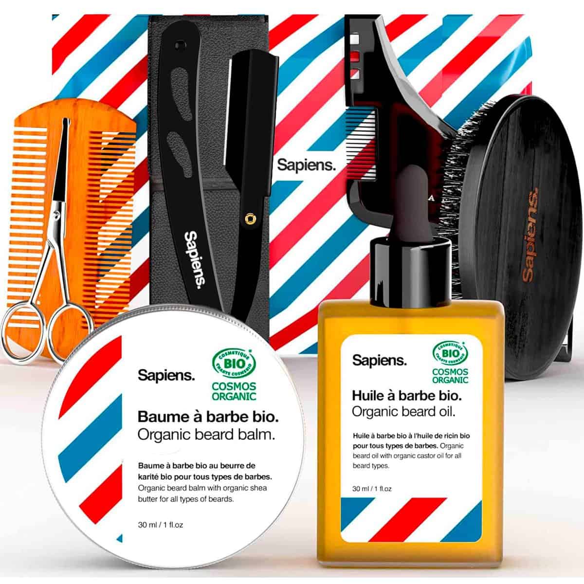 Sapiens Barbershop Kit Barbe Homme - Coffret Soin Barbe et Rasage Homme - Huile Barbe et Baume Barbe BIO Made in France, Rasoir Coupe Choux Barbe, Brosse barbe, Accessoires de Barbier