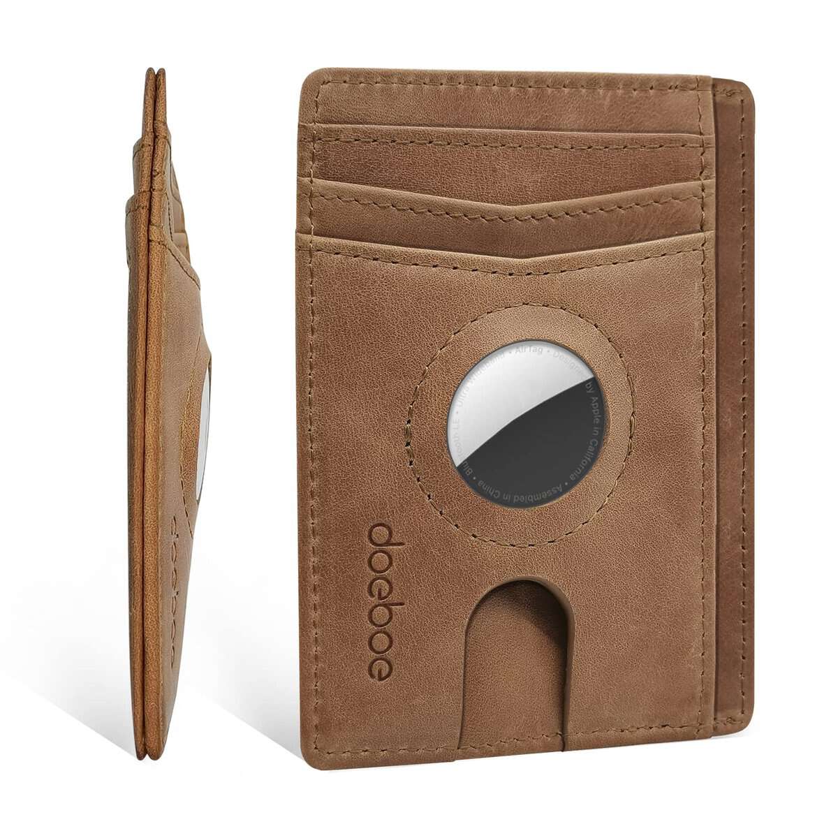 doeboe Portefeuille Airtag, Portefeuille minimaliste en cuir véritable avec fermeture éclair pour Airtags, 1 Pack Slim RFID Blocking cartes de crédit porte-caisse avec boîte cadeau, cadeau de Noël pour hommes femmes