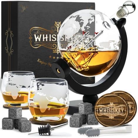 Whisiskey – Carafe Whisky – Globe – 900 ml – Cadeau Homme – Cadeau Noël – Coffret avec verres et pierres.