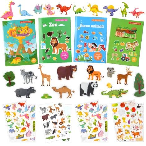 Ensemble d’autocollants réutilisables colorés pour les tout-petits, avec thèmes zoo, océan, dinosaure et ferme. Idéal pour l’apprentissage préscolaire !