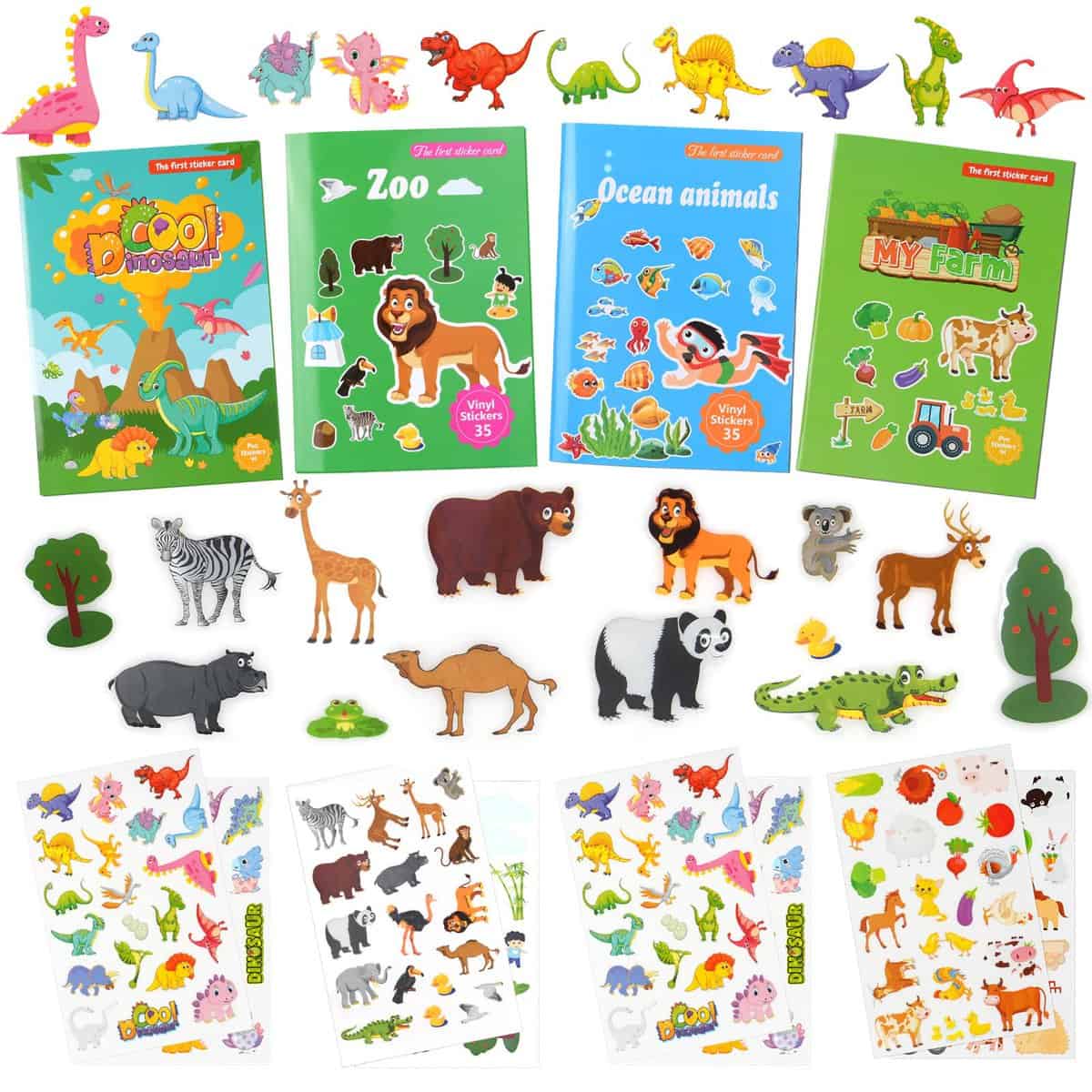 Vicloon Autocollants Réutilisables, Zoo/Océan/Dinosaure/Ferme, Autocollants Colorés Réutilisables, Activités d'apprentissage Préscolaire, Cadeaux pour Tout-Petits (4 Feuilles)