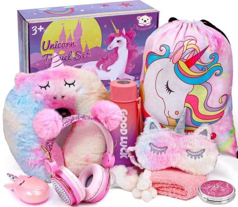 Ensemble Licorne Voyage : Casque, Peluche, Coussin, Masque Sommeil, Miroir, Bouteille, Sac cordon. Idéal pour Noël et Anniversaire.